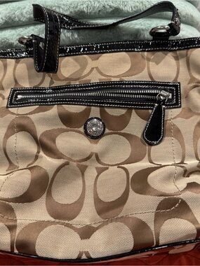 Coach Brown Beige Signature Canvas Tote with Black Patent Trim